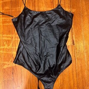 Black Satin Faux Leather Bodysuit